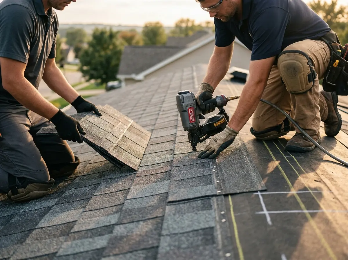 Professional roofer working on a residential roof in Burley